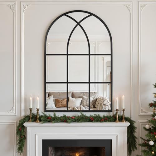 Image of Arched Window pane Wall Mirror 24 inchx36 inch, Window Shaped Farmhouse Style with Aluminum Frame, Decorative Wall Mirror Leaning Hanging for Living Room, Courtyard, Bedroom, Entryway, Black