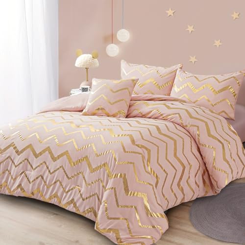Menghomeus Pink Comforter Set Queen/Full Size Metallic Blush and Rose Gold Bed Comforter 4 Piece Soft Microfiber Bedding for Teen Girls Women (2 Pillow Shams + 1 Decorative Pillow Sham)