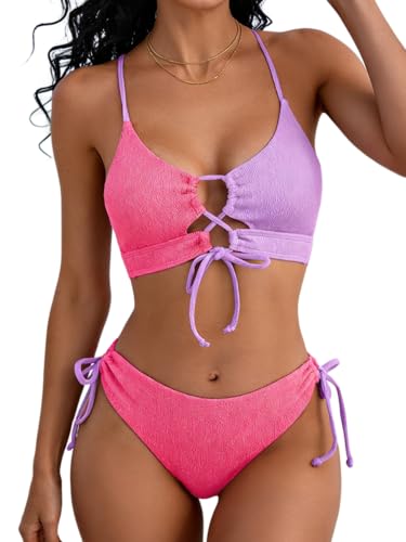 Image of B2prity Tie Bikini Top Set Sexy Push Up 2 Piece Swimsuit Color Block Bathing Suit Full Coverage Swimwear for Curvy Women