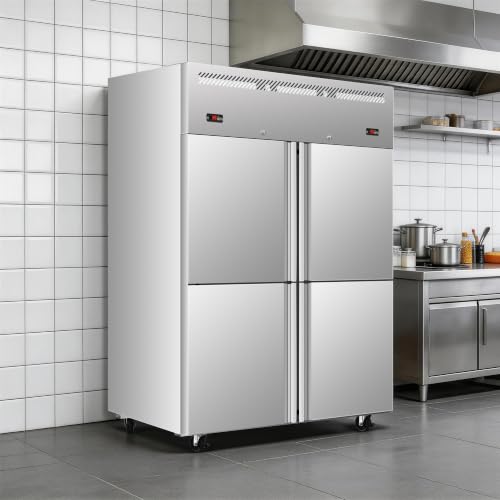 Image of DeepTide 48 inch W Commercial Refrigerator and Freezer Combo, Dual Temperature Zones Freezers /Refrigerator with Four-Door: 32Cu.Ft Stainless Steel Storage, Automatic Defrosting