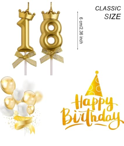 Image of Number 18 or 81 Candle with Crown for Birthday, Wedding, Valentines Day Celebration, Bridal Shower, Bachelorette Cake Topper for Decoration, 2 pc, Gold
