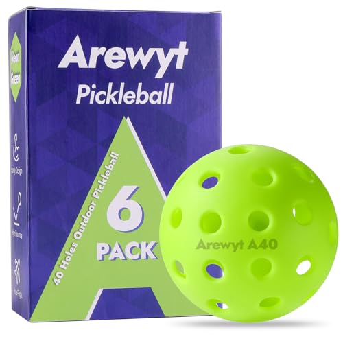Arewyt Pickleball Balls, 6 Pack 40 Holes Outdoor Pickleball Balls, High Visibility and Bounce, Durable Pickle Balls for All Style Pickleball Paddles & All Skill Levels, Neon Green