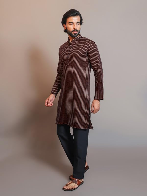 Image of Vastraa Fusion Men's Printed Kurta Pure Cotton Long Kurta, Round Collar, Full Sleeves, Button Kurta, Ethnic Wear