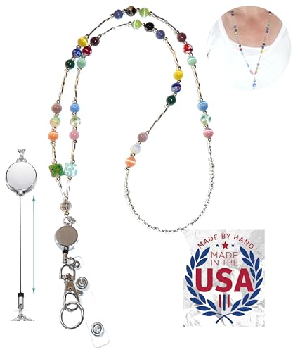 Hidden Hollow Beads Retractable Badge Reel, Women's Hand Beaded Necklace Lanyard, USA, Strong, ID Card Holder, Keys Teacher Nurse Cruise (Multi - Super Slim)