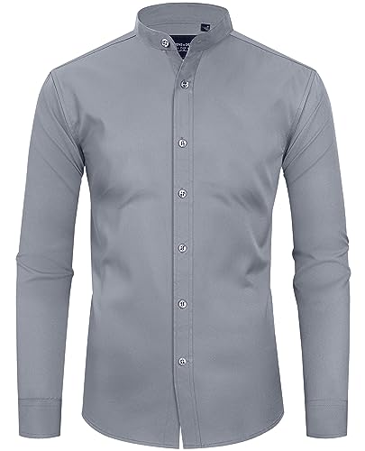Alimens & Gentle Mens Banded Collar Dress Shirts Wrinkle Free Stretch Casual Collarless Button Down Shirt Silver Gray
