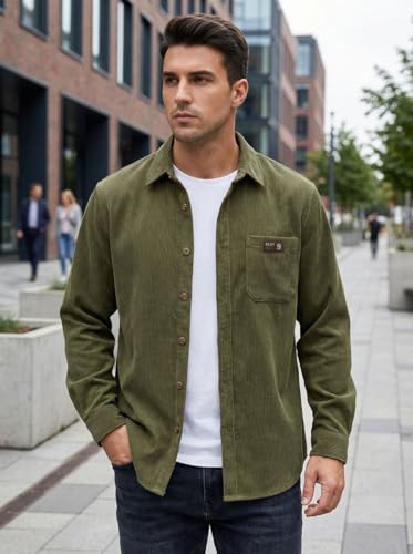 Image of IndoPrimo Men's Corduroy Shirt | Premium Ribbed Full Sleeve Casual Overshirt | Button-Down Solid Shirt with Chest Pocket | Regular Fit