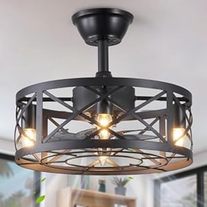 Fandelier Caged Ceiling Fan with Light, Farmhouse Bladeless Ceiling Fans with Lights and Remote, Small Rustic Ceiling Fans with Lights for Kitchen, Bedroom, Living Room, Black Fandelier Caged Ceiling Fan with Light Farmhouse Bladeless Ceiling Fans with Lights and Remote Small Rustic Ceiling Fans with Lights for Kitchen Bedroom Living Room Black