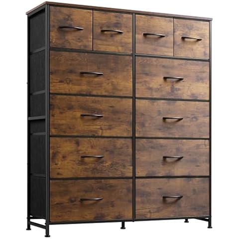 WLIVE Tall Dresser for Bedroom with 12 Drawers, Chests of Drawers, Fabric Dresser for Bedroom, Closet, Fabric Storage Dresser with Drawers, Steel Frame, Rustic Brown Wood Grain Print Cover