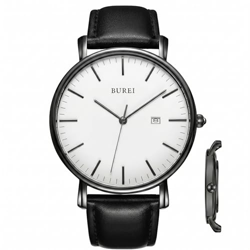 BUREI Men Watches Fashion Minimalist Waterproof Leather Watches for Men Women Student,White Black.