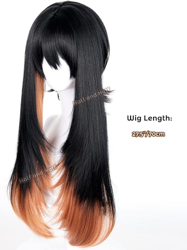 Image of Amo Empool Cosplay Wig 27.5'' Long Straight Black Orange Brown Anime Wigs | Black Layered Wig with Bangs for Women Halloween Costumes Party Daily