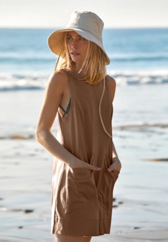 Haibang Mono Mujer Verano Corto Sin Mangas Cuello Redondo Peto Mujer Verano Casual Sueltos Jumpsuit Elegante Monos de Mujer Cortos Una Pieza Mono Pantalon con Bolsillos Informal Playa Playsuit