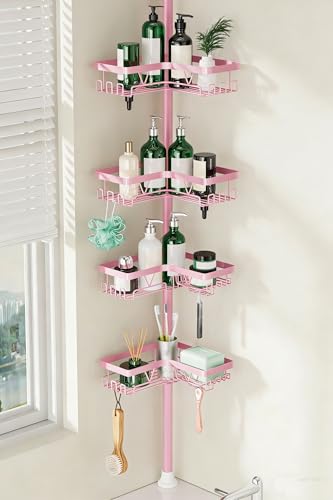 DAOYA Corner Shower Caddy Tension Pole - Pink - Rustproof Adjustable Bathroom Organizer Shelf for Shampoo 25114.2 Inch Shower Rack for Renters Apartments
