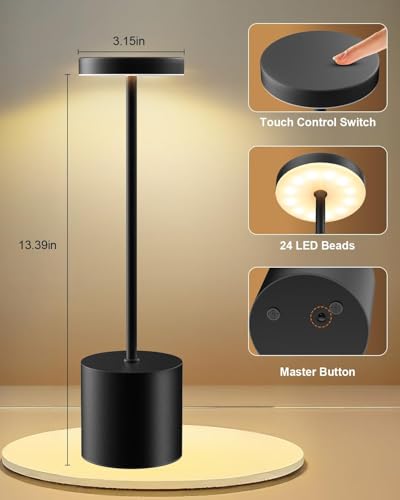 Image of KIMEE Rechargeable Cordless Metal Table Lamp, Touch Control LED Desk Lamp, Portable Night Light for Bedroom, Living Room, Restaurant, Cafe, Patio & Outdoor Use