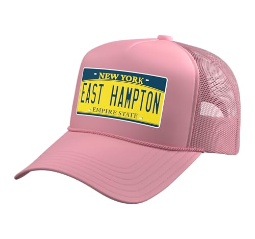 East Hampton Hamptons Long Island NY Beach License Plate Trucker Hat with Adjustable Mesh Back, Pink