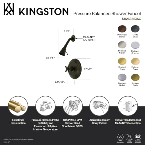 Kingston KB2637BXSO Grifo de Ducha con Balance de Presión, Latón Cepillado miniatura 3
