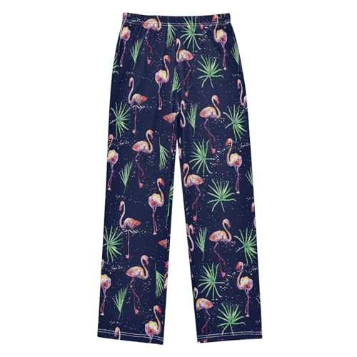 Flamingo with Palm Leaves Boys Long Pants Soft Trousers Elastic Waist Kids Lounge Bottoms with Pockets S-XL
