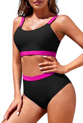 Image of Womens High Waisted Bikini Sets Sporty Crop Top Color Block Swimwear Bandeau Scoop Neck Vintage Two Piece Bathing Suits