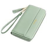 Travelambo Womens Wallet Tassel Bifold Ladies Clutch Wristlet Wrist strap Long Purse (Access Green Blooming)