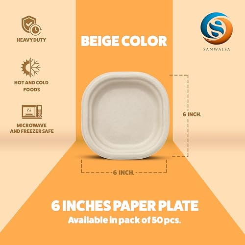 Image of [6 inch, 25 Count, Square, Beige Disposable Bagasse Paper Plates | Eco-Friendly Sugarcane Plates for Wedding, Party, Cafes | Ideal for Both Hot & Cold Food