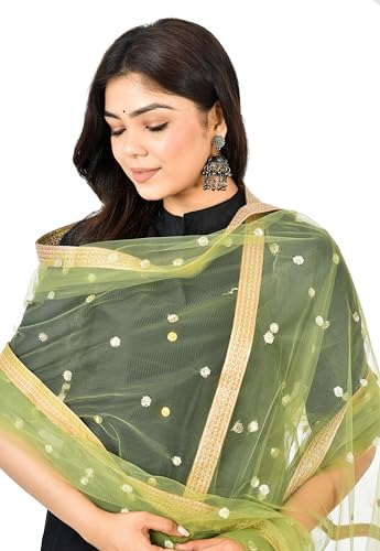 Image of YOUTHQUAKE Women's Net Embroidered Full Size Dupatta With 4 Side Golden Lace