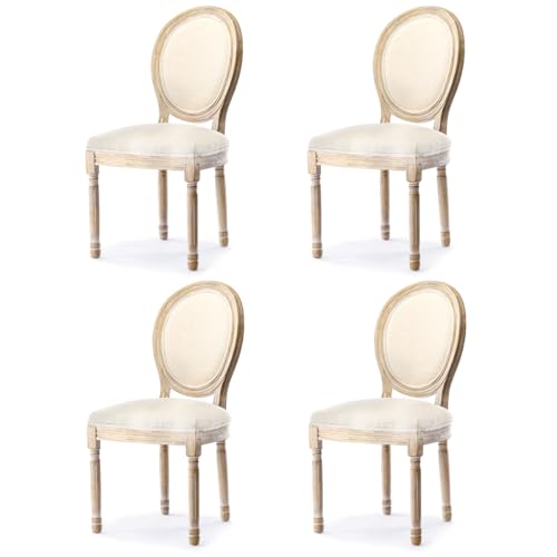 HomeMiYN Lot de 4 Chaise Medaillon, Chaise de Salle à Manger Bois de Style Louis-XVI en Tissu...