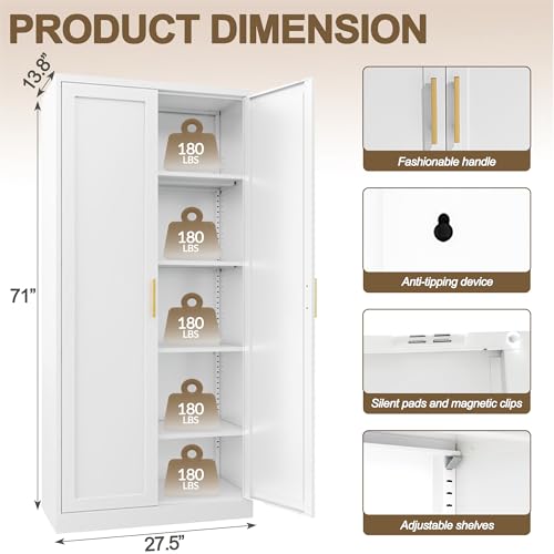 Image of 71 inch H Metal Storage Cabinet, Tall Storage Cabinet with Doors & 4 Adjustable Shelves, White Pantry Cabinet for Kitchen, Dining Room & Living Room