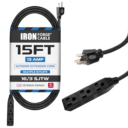 Iron Forge Cable 3 Outlet Power Strip Outdoor Extension Cord 15 ft, 16/3 Heavy Duty Black Extension Cord with Multiple Outlets 3 Prong
