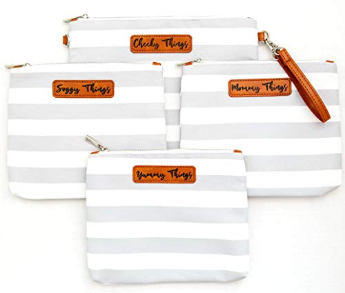 Stylish Diaper Bag Organizing Pouches - XL Set of 4 Gray and White Striped Canvas Diaper Bag Pouches with Leather Embossed Labels, Leather Wristlet...