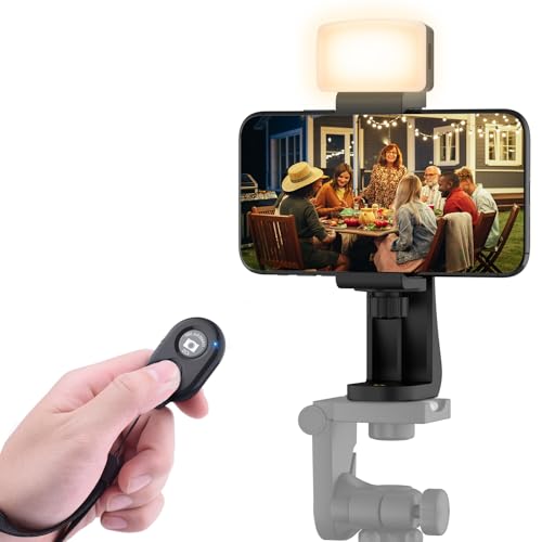 Image of Universal Phone Tripod Mount Adapter with Wireless Camera Remote, Cell Phone Holder with Adjustable Clamp for Selfie Stick Monopod for iPhone, Samsung Wrist Strap Included (Black-with LED light)