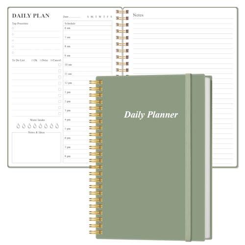 Daily Planner Undated - A5 To Do List Notebook Hourly Schedules Spiral Appointment Planner for Women and Men PVC Hardcover Inner Pocket Elastic Closure 5.8 x 8.3 Green