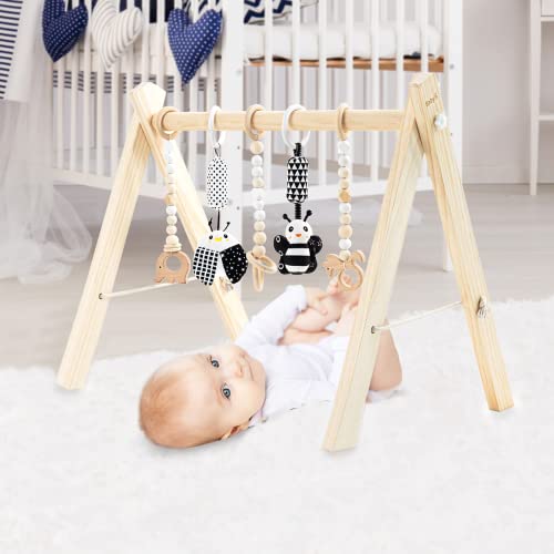 Image of BABY K Wooden Baby Play Gym (with 5 Toys) - Foldable Wooden Baby Play Gym with Wooden and Monochrome Hanging Toys - Natural Wooden Surface - Baby Tummy Time Play Gym - Activity Gym for Newborn