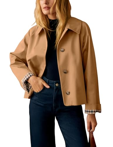 Dqbeng Womens Short Trench Jacket Plaid Lining Button Front Lightweight