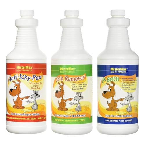 Mister Max Anti Icky Poo Pet Enzyme Cleaner - Cat & Dog Urine Odor Remover, Stain Remover, & P-Bath Urine Pre-Treat Conditioner - Complete Spray Set