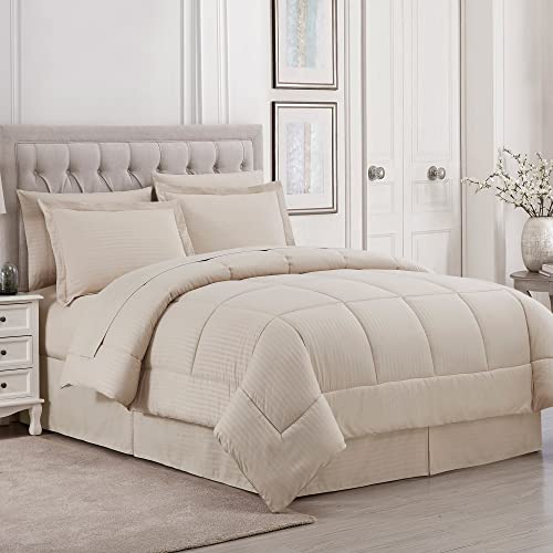 Image of Sweet Home Collection 8 Piece Bed In A Bag with Dobby Stripe Comforter, Sheet Set, Bed Skirt, and Sham Set - Queen - Beige