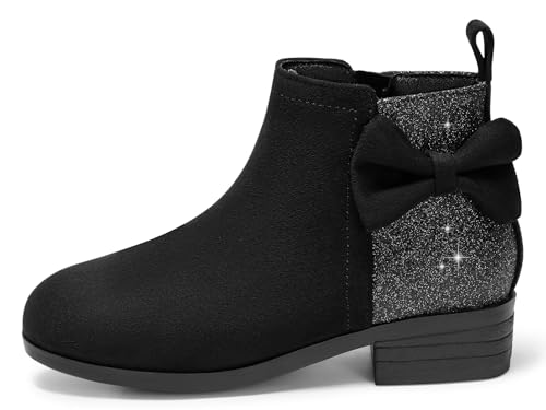 Coutgo Girls Bow Glitter Ankle Boots Side Zipper Low Heel Short Booties Dress Shoes
