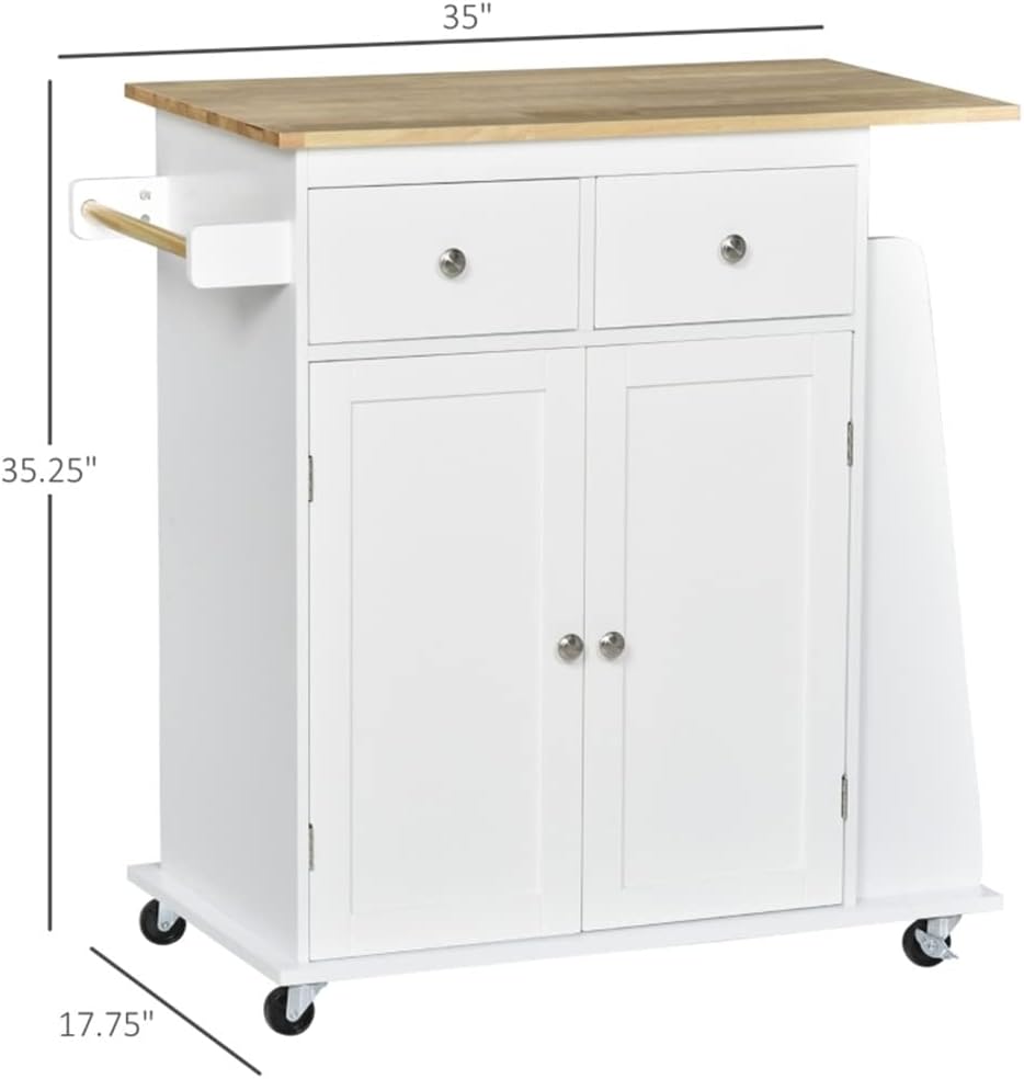 Rolling Kitchen Island Storage Trolley with 3-Tier Spice Rack and Rubber Wood Top for Dining Room 89x45x89.5 Cm White (D As Shown)