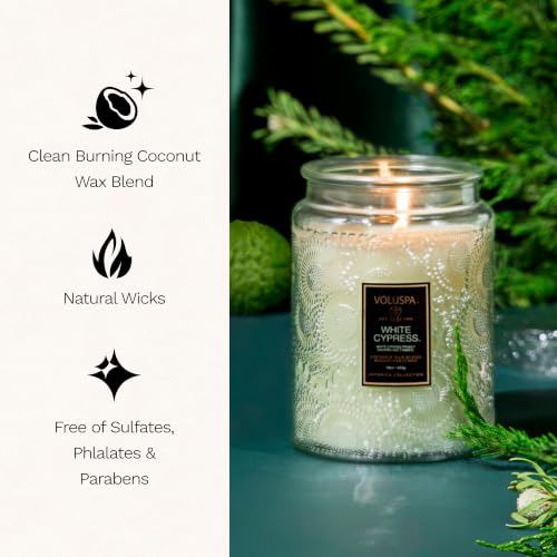 Image of Voluspa White Cypress,Large Candle Jar,18 Ounce,100 Hour Burn Time, & Coconut Wax for Clean Burning,Handcrafted in the USA