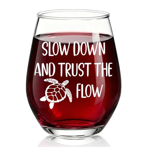 TOUNER Slow Down And Trust The Flow Summer Turtle Print Stemless Wine Glass, Inspirational Anxiety...