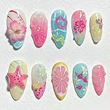 Summer Beach Press on Nails Medium Almond Fake Nail with Seashells Starfish Flowers Butterfly Designs Colorful False Nails Acrylic Glue on Nail Full Cover Artificial Stick on Nail for Women 24 Pcs