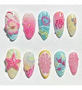 Summer Beach Press on Nails Medium Almond Fake Nail with Seashells Starfish Flowers Butterfly Des...