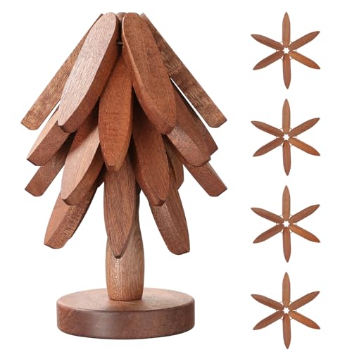 Markcco Salvamanteles de Madera en Forma de Árbol - Juego de 4 Platos Calientes + 1 Soporte Almacenado Como Árbol de Navidad
