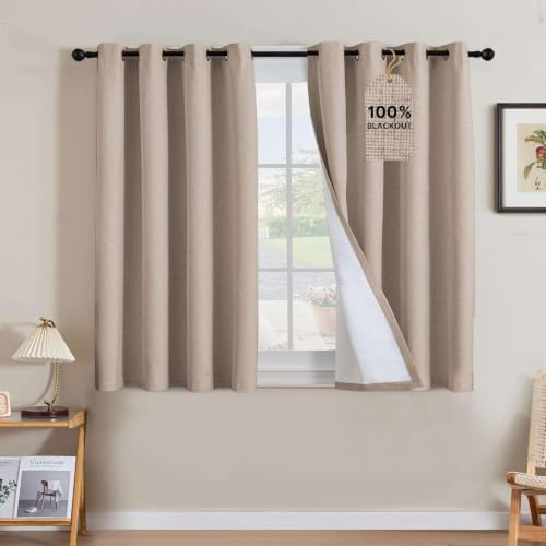 Image of H.VERSAILTEX Linen Curtains 100% Blackout Curtains for Bedroom 45 inch Long Full Light Blocking Nature Linen Blended Window Curtains for Living Room Nickel Grommet (2 Panels, Heathered Sand)