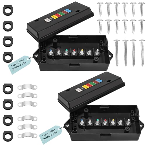 Anayguto 2 Set 7 Way Trailer Junction Box Weatherproof 7 Gang Color Coded Solid Studs Electrical 7 Way Trailer Wire Junction Box 7 Pole Waterproof for RV Camper Caravans Boat Rewiring - Black