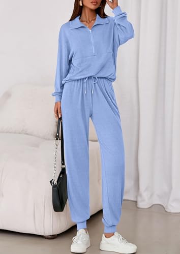 Image of PRETTYGARDEN Women 2 Piece Ribbed Knit Matching Lounge Sets | Comfy Sweat Track Suits, Athleisure Casual Outfit, Half Zip Sweatshirt & Jogger Pants, Fall Winter Clothes for Airport Travel