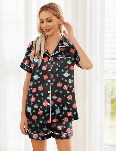 Image of Ekouaer Womens Silk Satin Pajama Sets Soft Short Sleeve Button Down Sleepwear Top and Shorts 2 Piece Pjs Lounge Set
