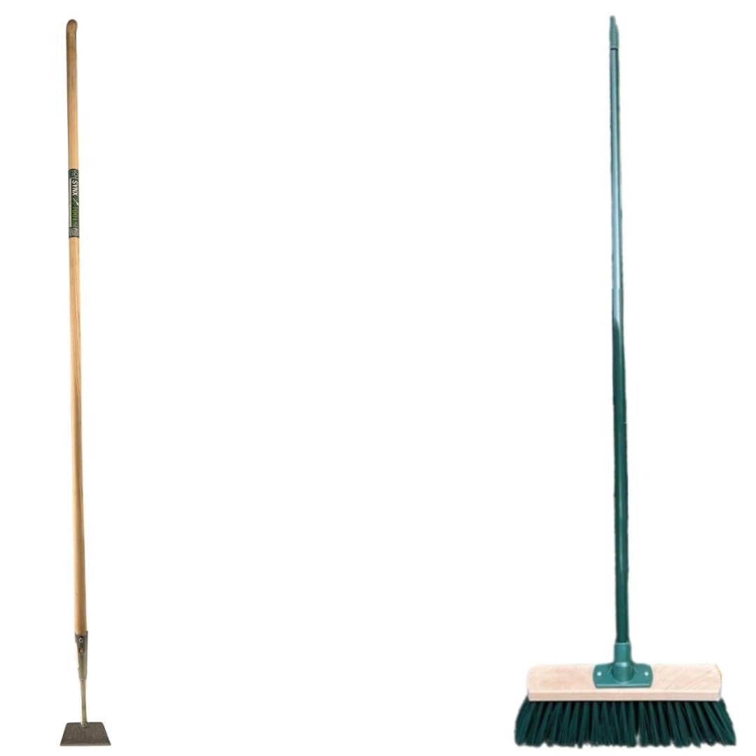 Gartenwerkzeug Set mit Gartenschoffel 12 cm und Außenbesen Grün, 160 cm und 117 cm Stahlstiel, zum Unkraut Entfernen, Erde Lockern sowie Kehren von Garten, Terrasse, Hof und Einfahrt