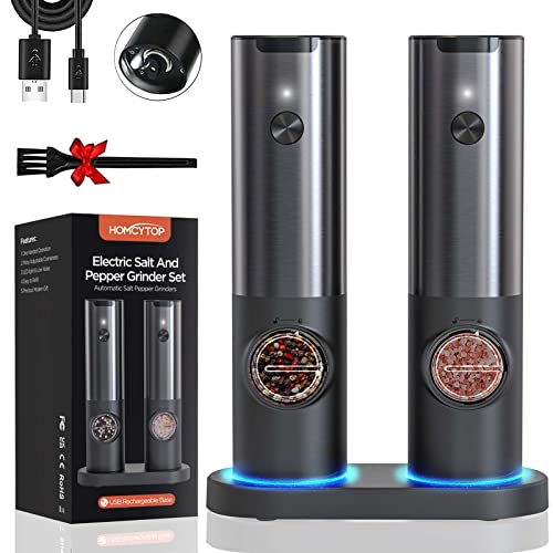 [2023 𝐔𝐩𝐠𝐫𝐚𝐝𝐞𝐝] Electric Salt And Pepper Grinder Set Rechargeable, No Battery Needed, One Hand Operation, Automatic Pepper Mill Refillable, Stainless Steel, Adjustable Coarseness, Led Light #TOP12