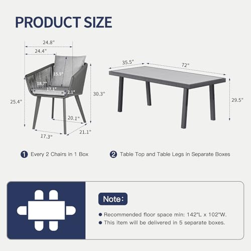 Home Care Wholesale 7 Pieces Patio Dining Set for 6 - All Weather Outdoor Dining Sets, All in One Outdoor Table and Chairs, Wicker Outdoor Patio Furniture Sets with Cushions and Pillows, Grey - Thumbnail 2