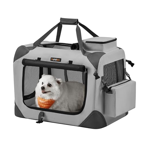 Feandrea Hundebox faltbar, Transportbox Hund, M, Hundetasche, Oxford-Gewebe, Netzstoff, atmungsaktiv tragbar transportabel, Metallrahmen, mit Griffen, Taschen, 60 x 42 x 42 cm, rauchgrau PDC060G02