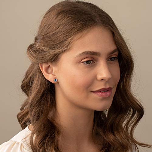 Peora Solid 14K White Gold Swiss Blue Topaz Stud Earrings For Women, Genuine Gemstone Birthstone Solitaire Round Shape, 6Mm, 2 Carats Total, Friction Back #TOP1
